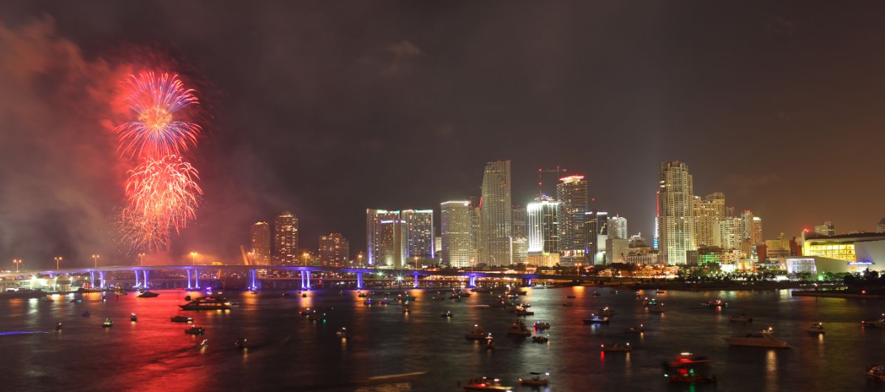 Miami ocean with fireworks and downtown